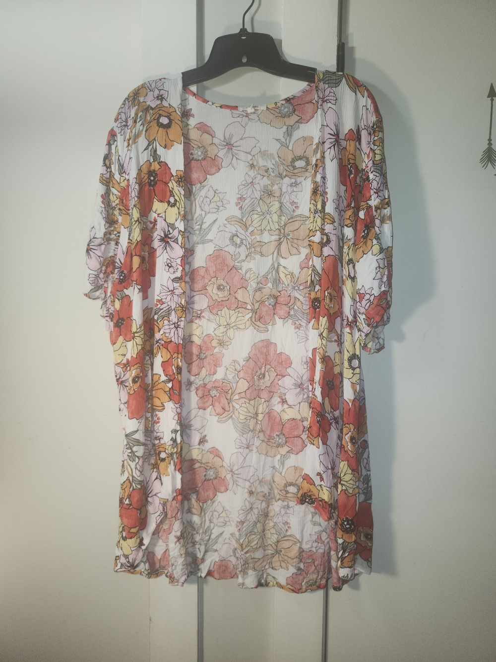 Maurices White Sheer Floral Kimono with Red & Yellow Blooms